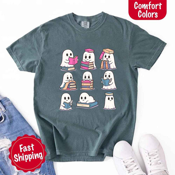 Ghost Reading Comfort Colors Shirt – Spooky Book Lover Halloween Tee