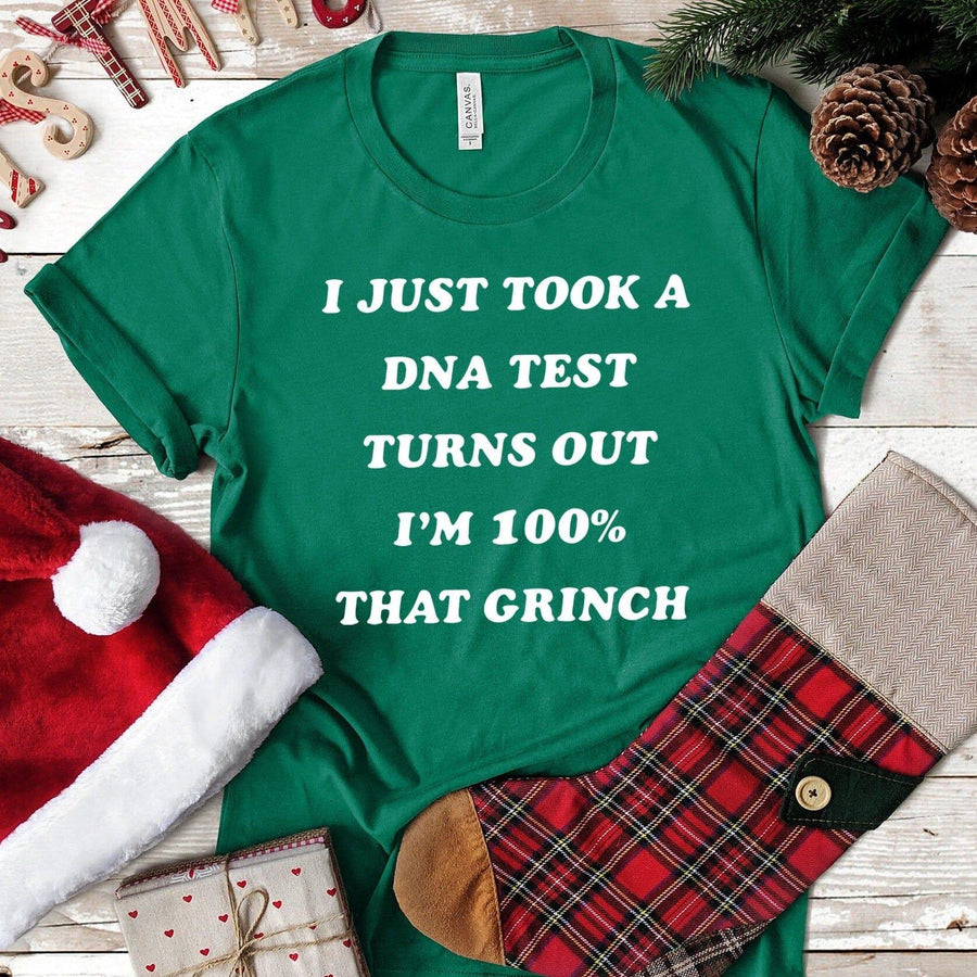 Green Christmas t-shirt with funny Grinch quote, Santa hat, pinecones, and stocking