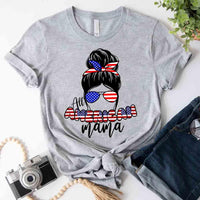 Gray custom tee with 'All American Mama' and USA flag graphic, styled with denim shorts.