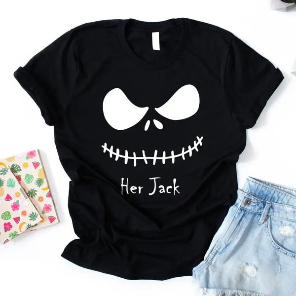 Black t-shirt with white graphic design and text 'Her Jack' on a white background