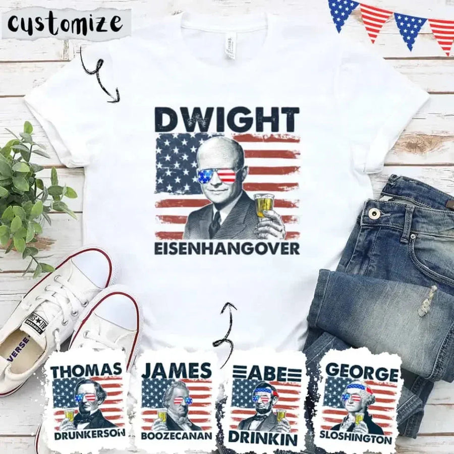 T-shirt with a graphic of Dwight Eisenhower and text, surrounded by jeans, shoes, and small flags.