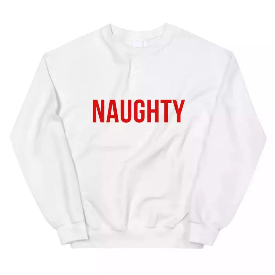 May include a pair of crewneck sweatshirts with the words ‘Naughty’ and ‘Nice’ printed, designed as matching Christmas couples pullovers.