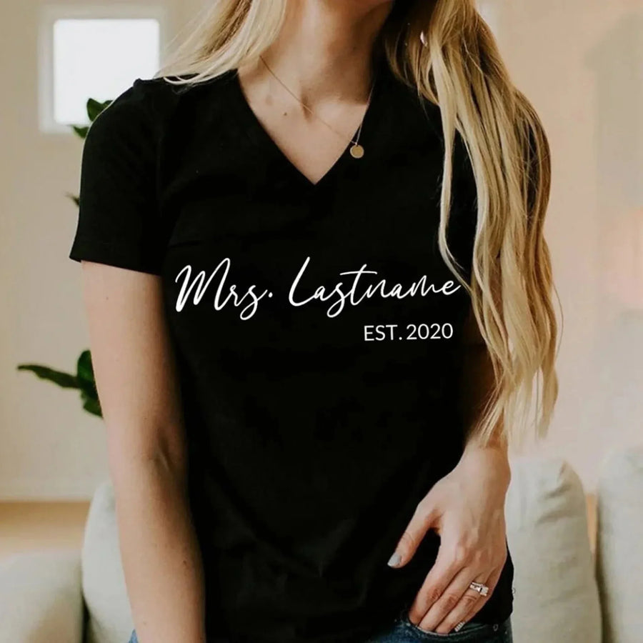 Custom Mrs. Special Edition Shirt – Personalized Name Tee for Brides & Wives v-neck t-shirt black model