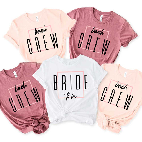 Set of t-shirts with 'beach crew', 'bride to be', and 'beach crew' text on a white background.