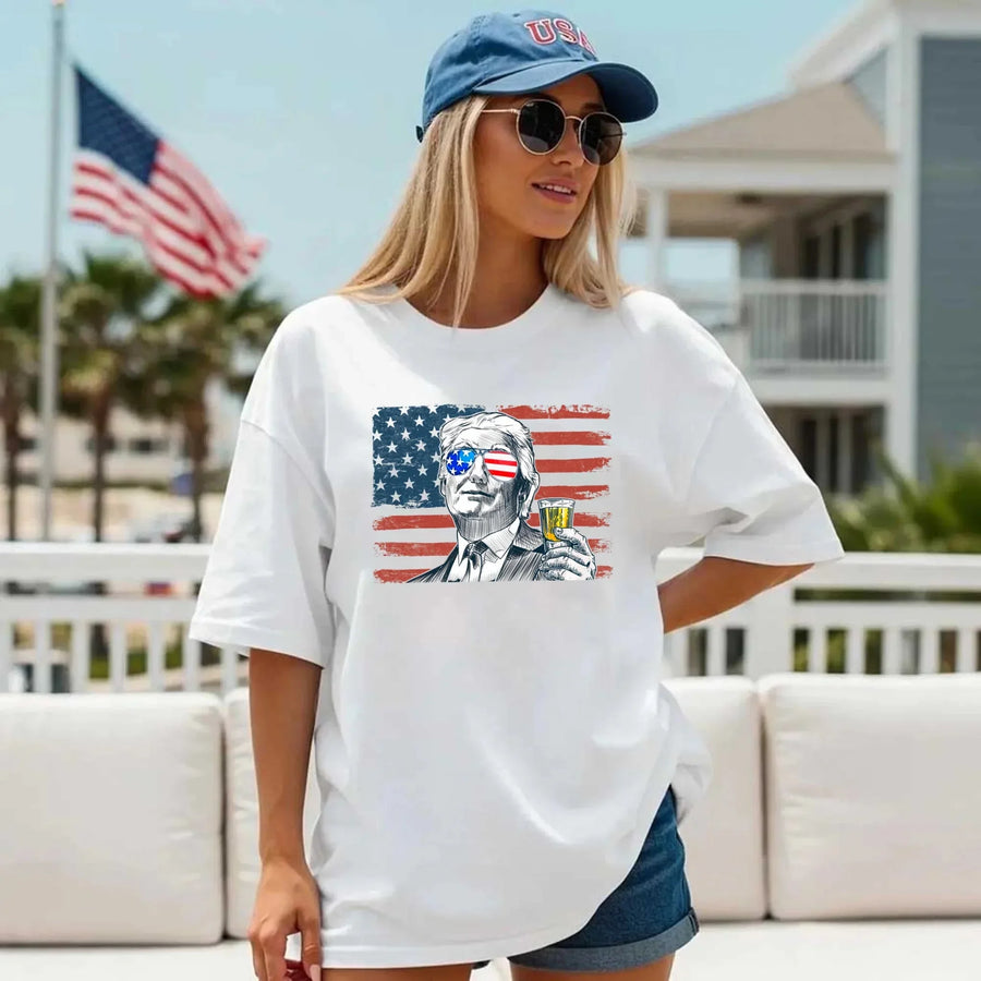 White American flag tee with sketch of man and drink