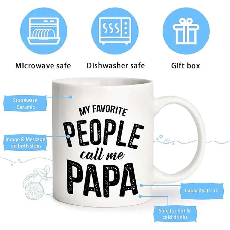 White mug with 'My Favorite People Call Me Papa' text, featuring safety and feature labels.