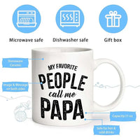 White mug with 'My Favorite People Call Me Papa' text, featuring safety and feature labels.