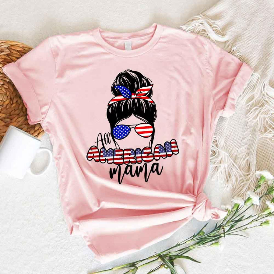 Pink custom tee with 'All American Mama' graphic, stars and stripes sunglasses, and headband