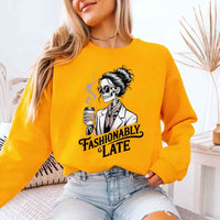 May include a unisex crewneck sweatshirt with “Fashionably Late” funny text graphic printed on the front.