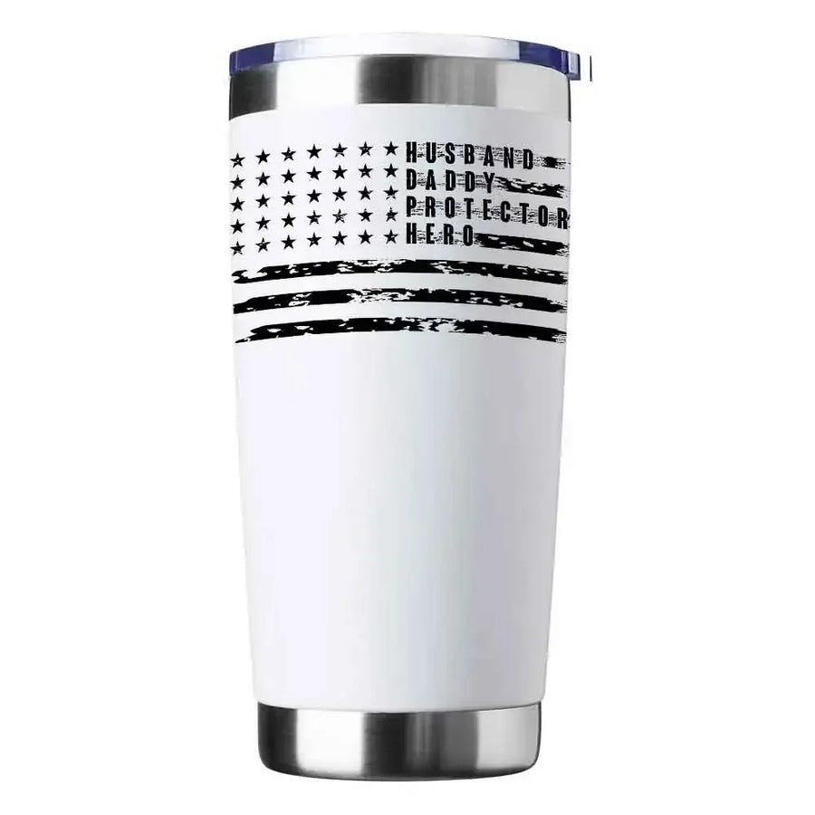 White stainless steel tumbler with black American flag and 'Husband Daddy Protector Hero' text design