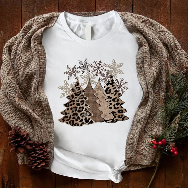May include a Christmas-themed t-shirt featuring leopard print design elements, styled as a festive holiday tee for women.
