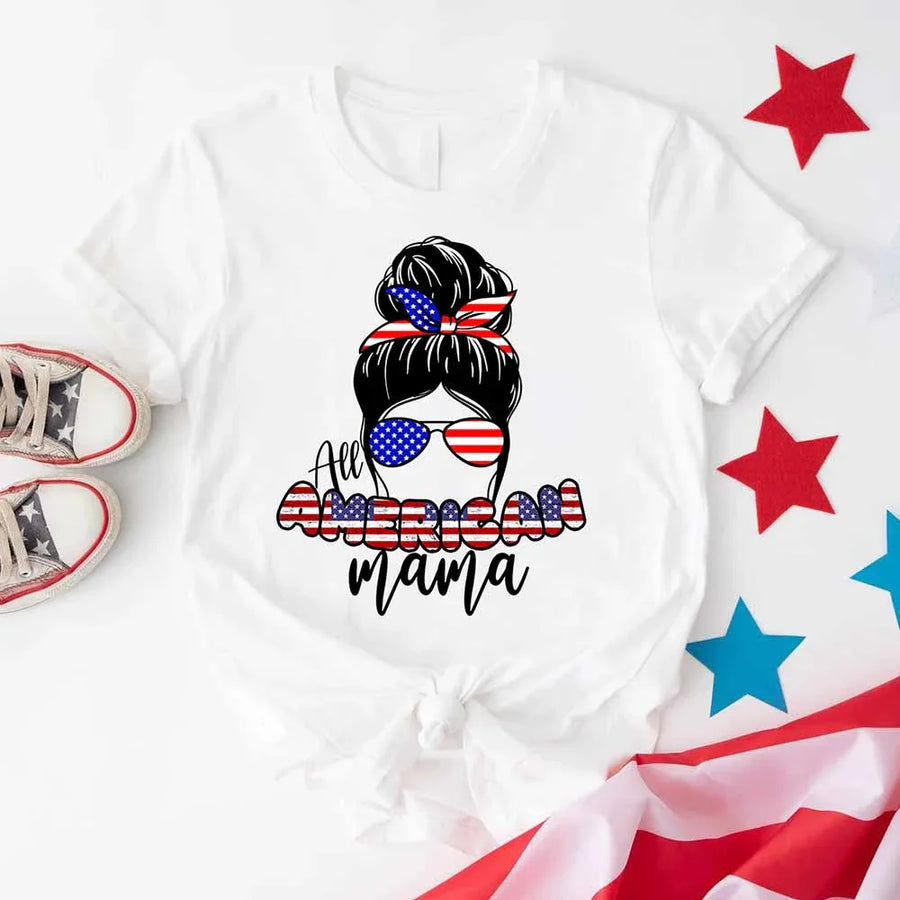White custom tee with 'All American Mama' and USA flag graphic, styled for patriotic gifts