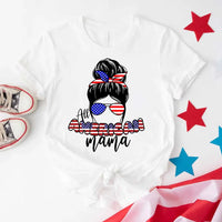 White custom tee with 'All American Mama' and USA flag graphic, styled for patriotic gifts