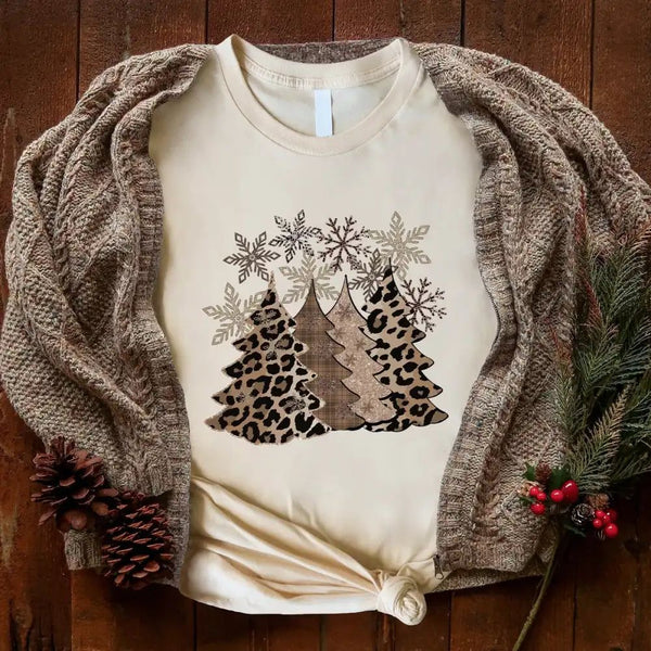 May include a Christmas-themed t-shirt featuring leopard print design elements, styled as a festive holiday tee for women.