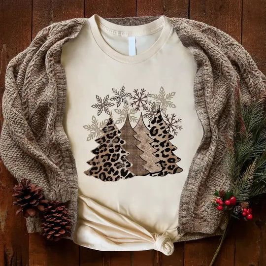 May include a Christmas-themed t-shirt featuring leopard print design elements, styled as a festive holiday tee for women.