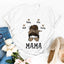 White t-shirt with 'MAMA' graphic and names, paired with jeans, flowers, and shoes on a white background