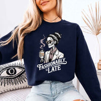 May include a unisex crewneck sweatshirt with “Fashionably Late” funny text graphic printed on the front.