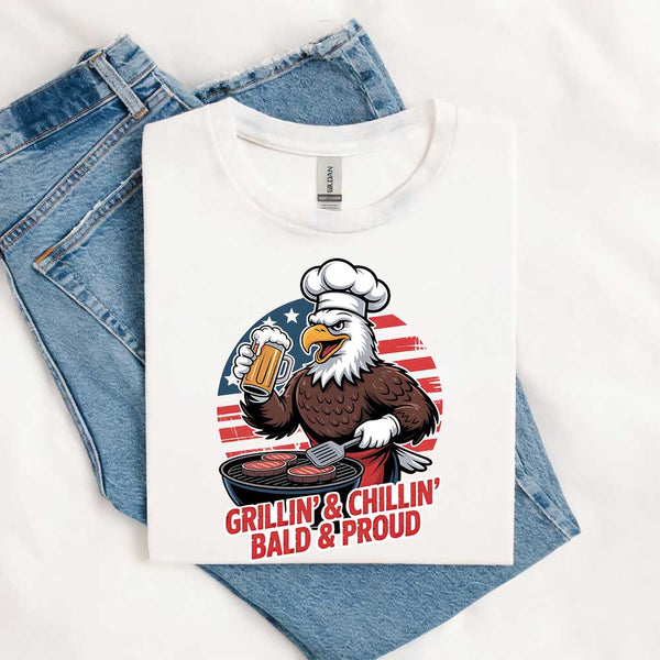 White t-shirt with an eagle graphic and text on a white background