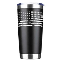 Black stainless steel tumbler with white American flag and 'Husband Daddy Protector Hero' text