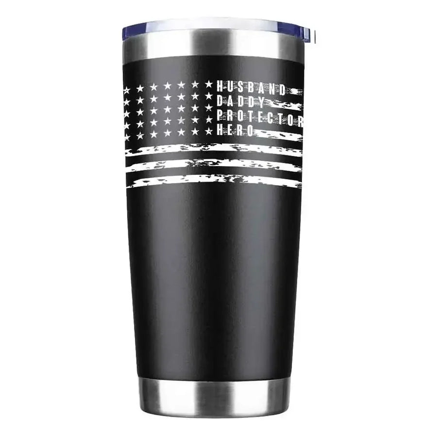 Black stainless steel tumbler with white American flag and 'Husband Daddy Protector Hero' text