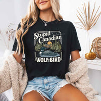 May include a person wearing a Black Stupid Canadian Wolf-Bird Comfort Colors T-Shirt featuring sports romance inspired graphic and relaxed fit.