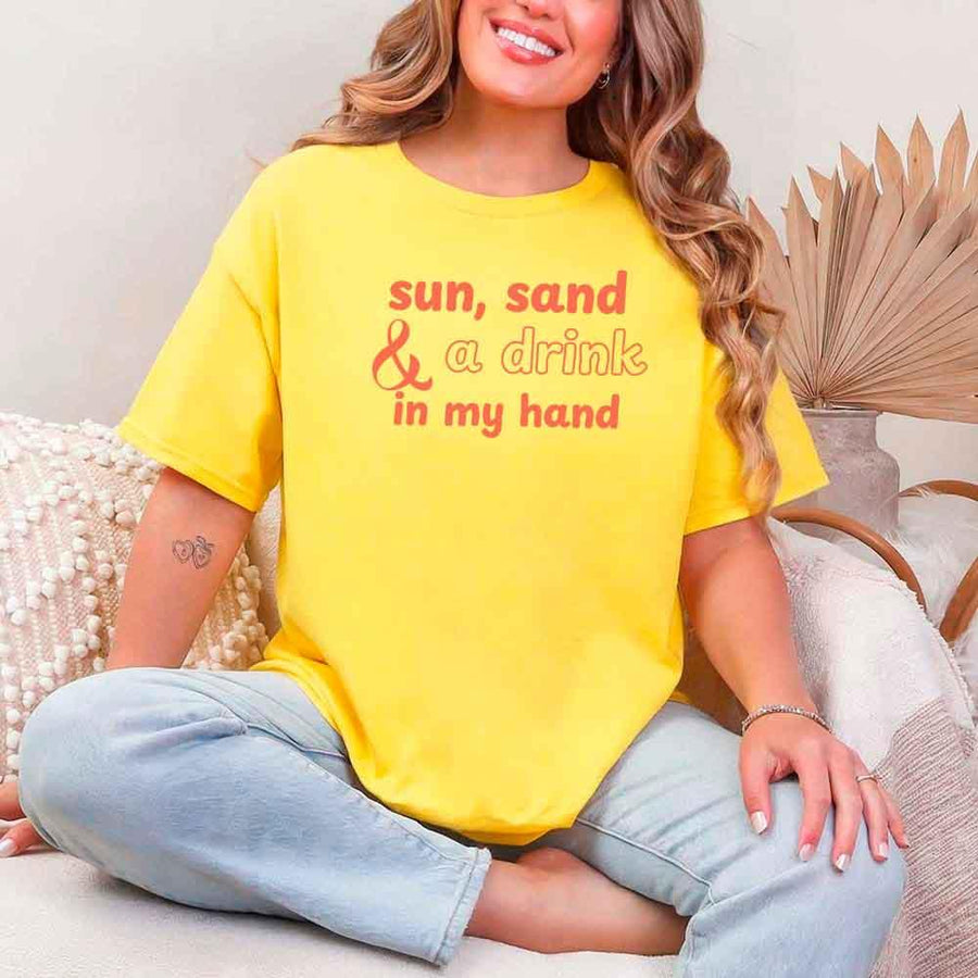 May include Daisy beach themed wedding party t-shirts with Sun Sand and A Ring On My Hand slogan, tropical colors, bridal group apparel for summer celebrations!