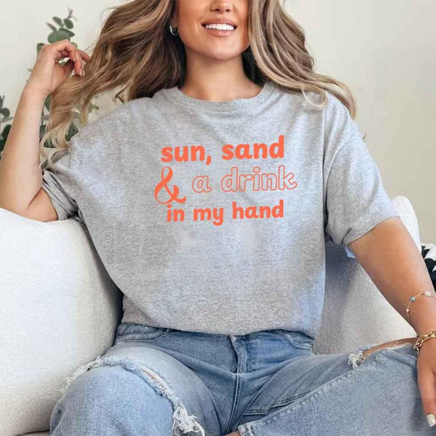 May include Sport Grey beach themed wedding party t-shirts with Sun Sand and A Ring On My Hand slogan, tropical colors, bridal group apparel for summer celebrations!