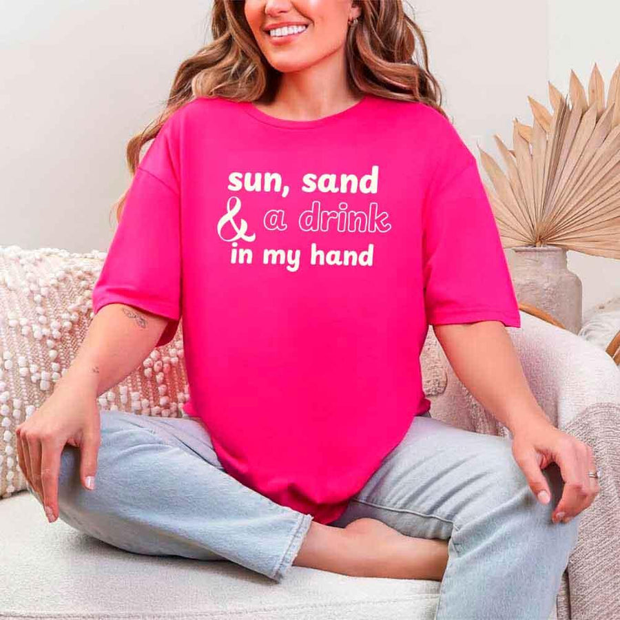 May include Heliconia beach themed wedding party t-shirts with Sun Sand and A Ring On My Hand slogan, tropical colors, bridal group apparel for summer celebrations!