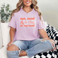 May include Lilac beach themed wedding party t-shirts with Sun Sand and A Ring On My Hand slogan, tropical colors, bridal group apparel for summer celebrations!