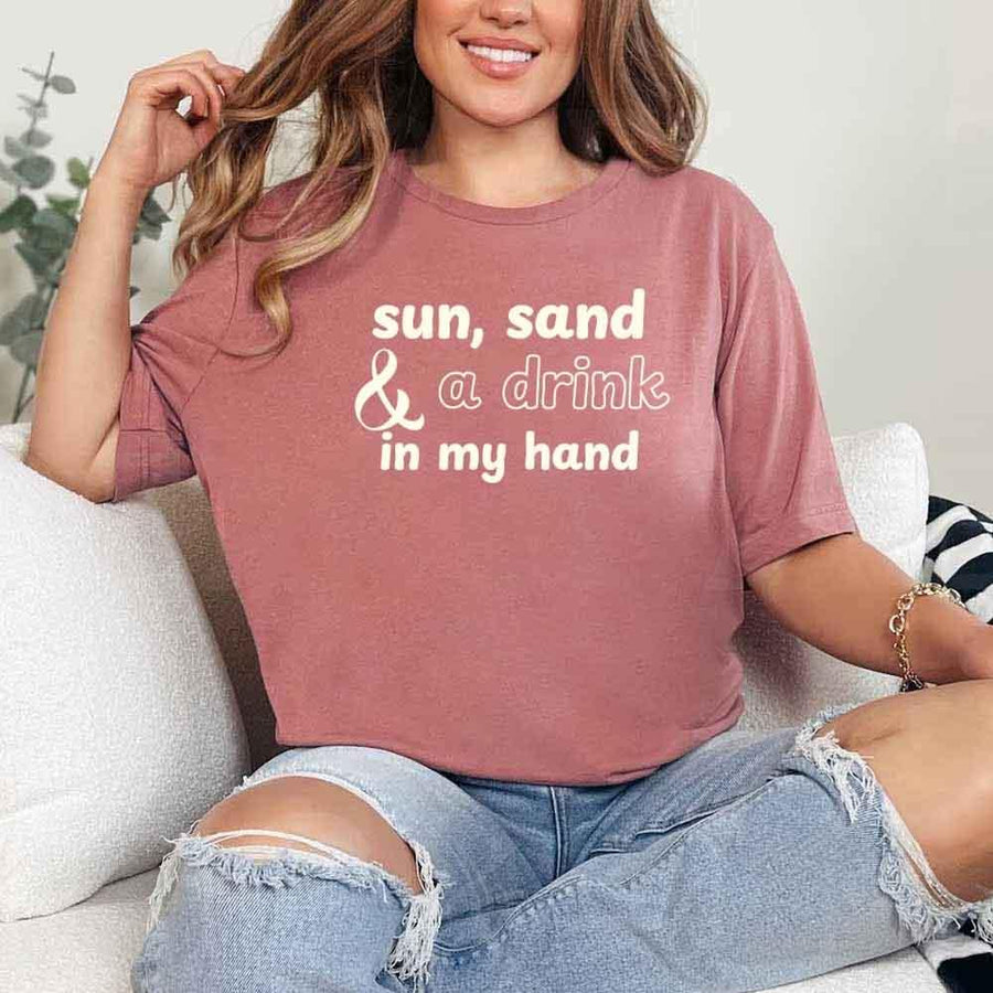 May include Mauve beach themed wedding party t-shirts with Sun Sand and A Ring On My Hand slogan, tropical colors, bridal group apparel for summer celebrations!