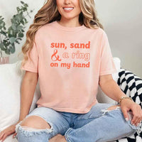May include Peach beach themed wedding party t-shirts with Sun Sand and A Ring On My Hand slogan, tropical colors, bridal group apparel for summer celebrations!