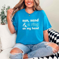 May include Sapphire beach themed wedding party t-shirts with Sun Sand and A Ring On My Hand slogan, tropical colors, bridal group apparel for summer celebrations!