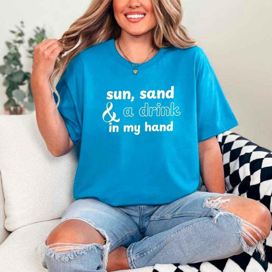 May include Sapphire beach themed wedding party t-shirts with Sun Sand and A Ring On My Hand slogan, tropical colors, bridal group apparel for summer celebrations!
