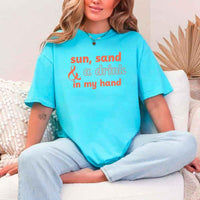 May include Turquoise beach themed wedding party t-shirts with Sun Sand and A Ring On My Hand slogan, tropical colors, bridal group apparel for summer celebrations!