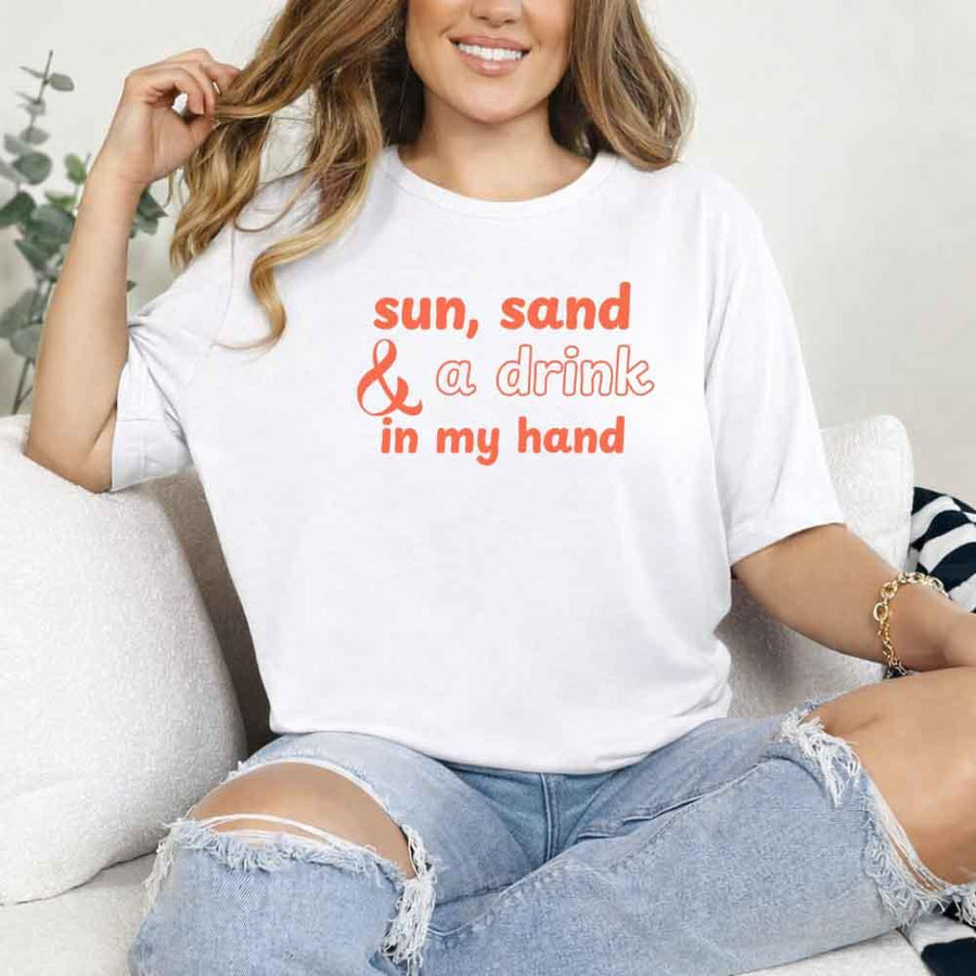 May include White beach themed wedding party t-shirts with Sun Sand and A Ring On My Hand slogan, tropical colors, bridal group apparel for summer celebrations!