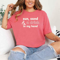 May include Coral Silk beach themed wedding party t-shirts with Sun Sand and A Ring On My Hand slogan, tropical colors, bridal group apparel for summer celebrations!