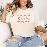 May include Soft Cream beach themed wedding party t-shirts with Sun Sand and A Ring On My Hand slogan, tropical colors, bridal group apparel for summer celebrations!