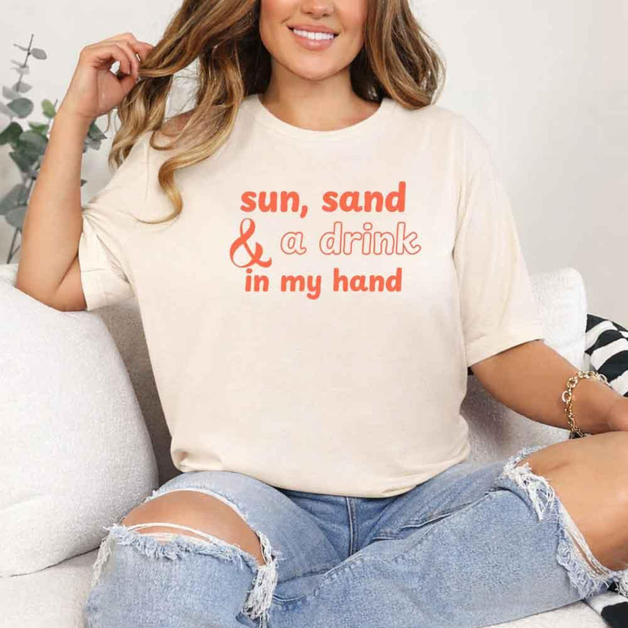 May include Soft Cream beach themed wedding party t-shirts with Sun Sand and A Ring On My Hand slogan, tropical colors, bridal group apparel for summer celebrations!