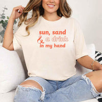 May include Soft Cream beach themed wedding party t-shirts with Sun Sand and A Ring On My Hand slogan, tropical colors, bridal group apparel for summer celebrations!