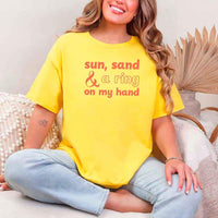 May include Daisy beach themed wedding party t-shirts with Sun Sand and A Ring On My Hand slogan, tropical colors, bridal group apparel for summer celebrations!