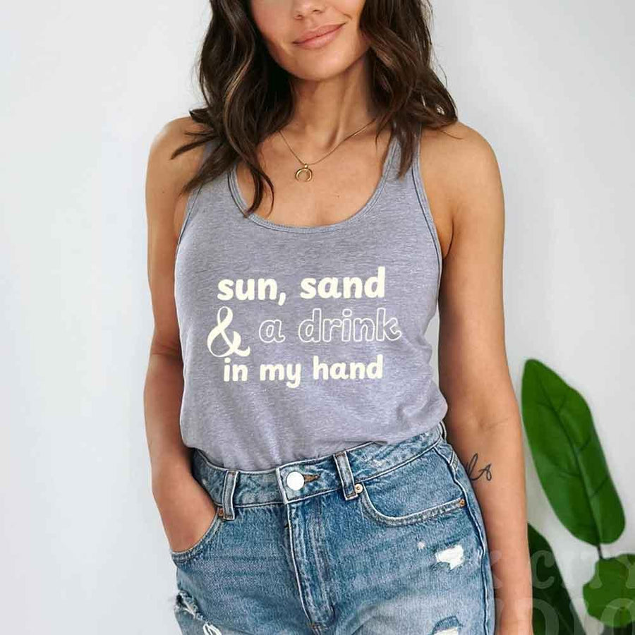 May include a Grey tank top with the phrase “Sun Sand & A Ring On My Hand” in a stylish summer font, ideal for brides.
