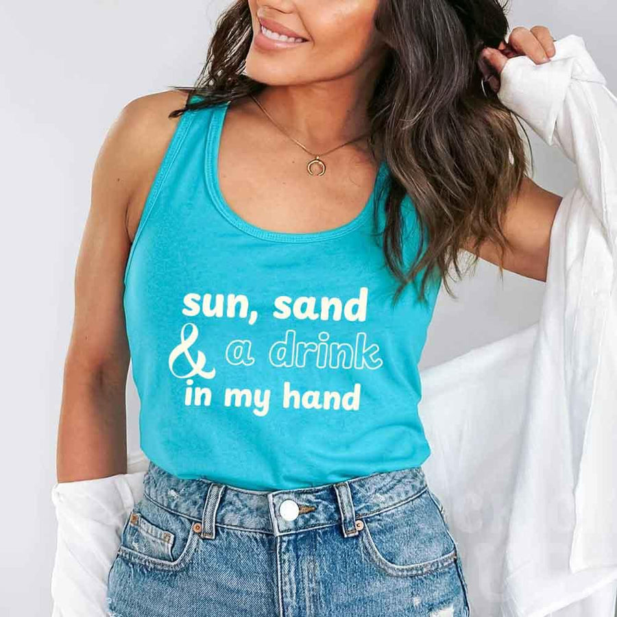May include a Tahiti Blue tank top with the phrase “Sun Sand & A Ring On My Hand” in a stylish summer font, ideal for brides.