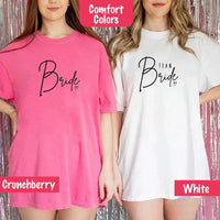 May include soft Comfort Colors t-shirts with “Team Bride” & "Bride" design, perfect for the bride, bridesmaids, or bachelorette party, featuring stylish lettering for bridal proposals and celebrations.