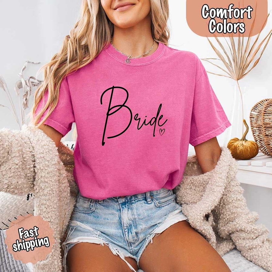 Pink Colors t-shirts with "Bride" design, perfect for the bride, bridesmaids, or bachelorette party, featuring stylish lettering for bridal proposals and celebrations.