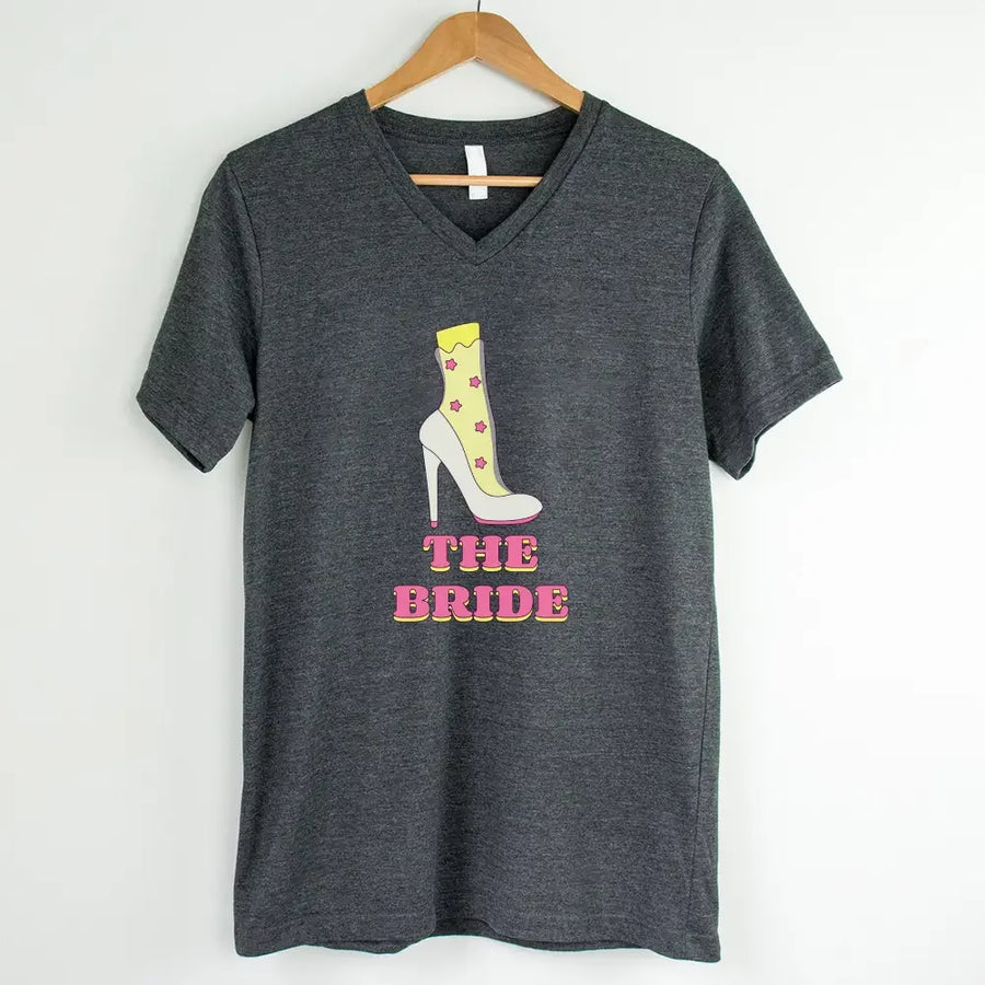 May include Team Bride & The Bride matching V-Neck T-Shirts for bachelorette party, with designs for bride and bridesmaids.