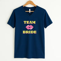 May include Team Bride & The Bride matching V-Neck T-Shirts for bachelorette party, with designs for bride and bridesmaids.