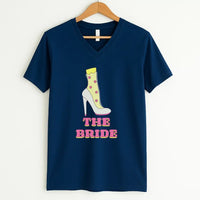 May include Team Bride & The Bride matching V-Neck T-Shirts for bachelorette party, with designs for bride and bridesmaids.