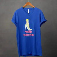 May include Team Bride & The Bride matching V-Neck T-Shirts for bachelorette party, with designs for bride and bridesmaids.