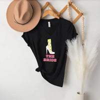 May include Team Bride & The Bride matching V-Neck T-Shirts for bachelorette party, with designs for bride and bridesmaids.