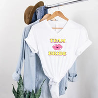 May include Team Bride & The Bride matching V-Neck T-Shirts for bachelorette party, with designs for bride and bridesmaids.